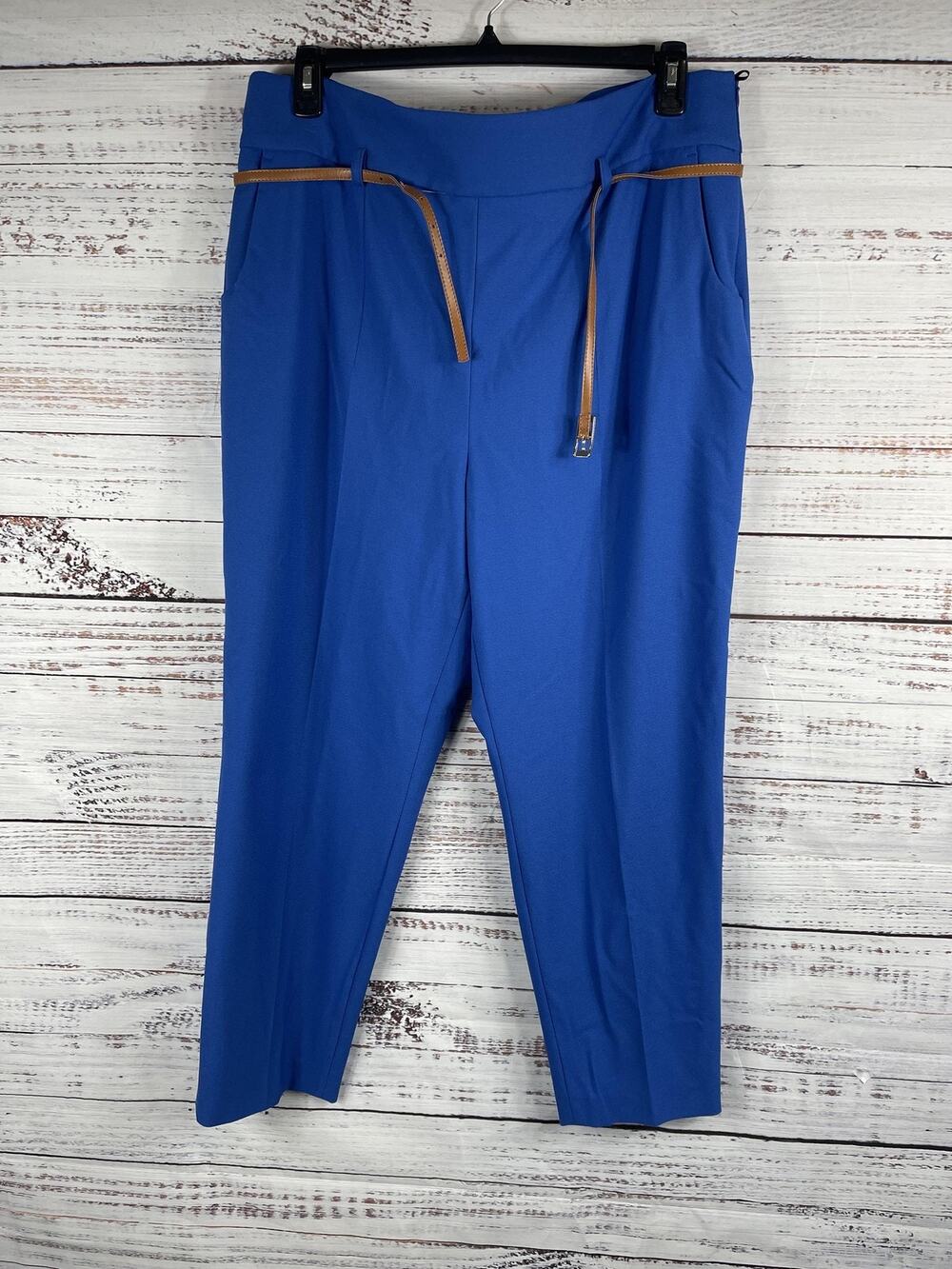 Madeleine Pants Women's 18 Blue High Rise Ankle Tapered Faux Leather Trim beltg